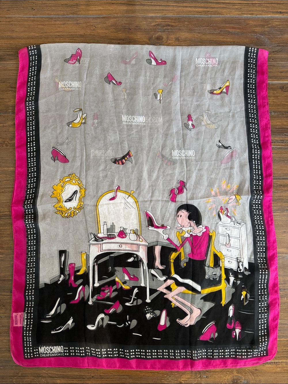 Moschino Cheap and Chic Shoe Fetish Print Olive Oyl Silk Scarf